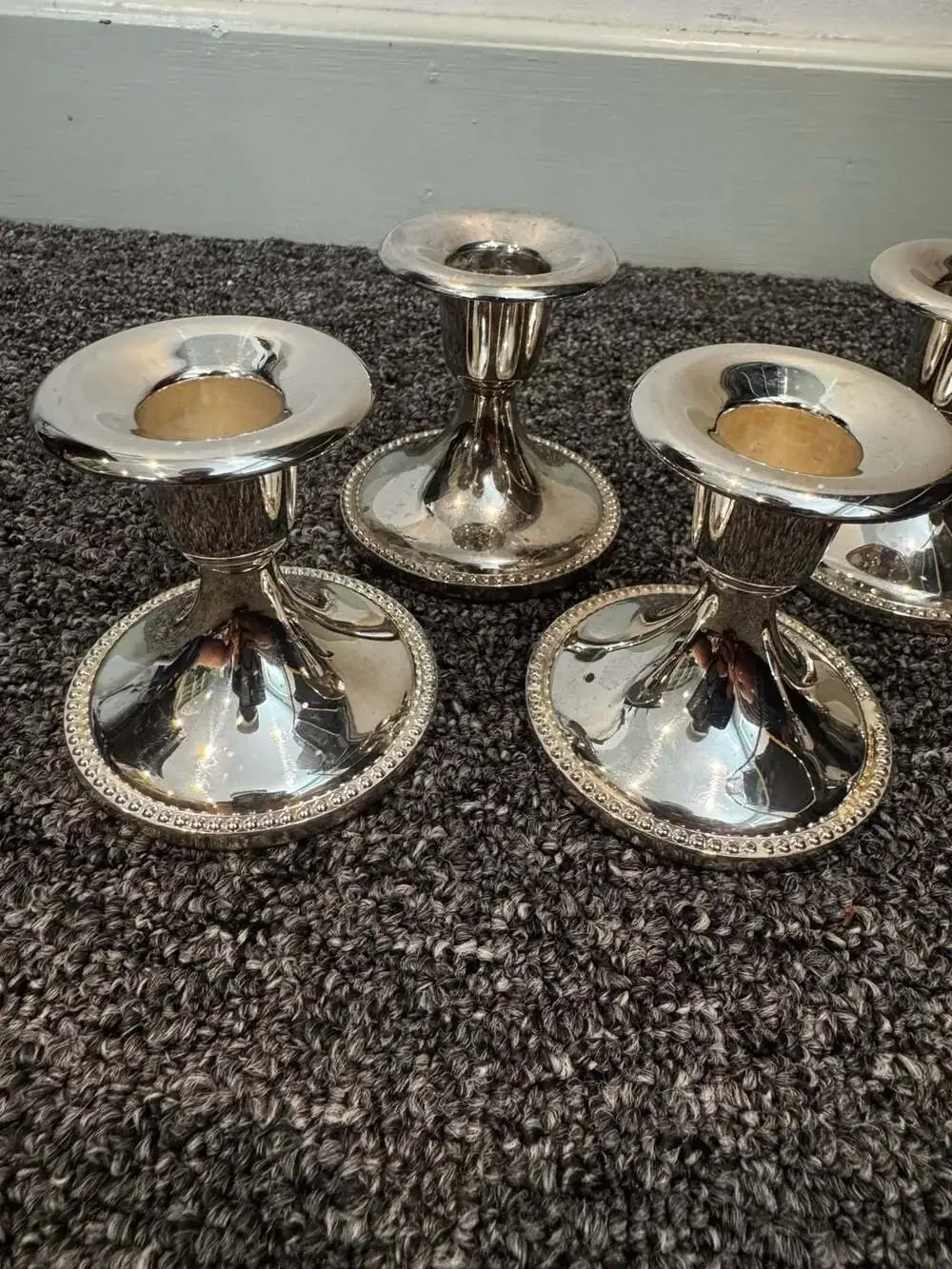 Set of 6 Vintage Silver-Plated Candlestick Holders with Beaded Trim